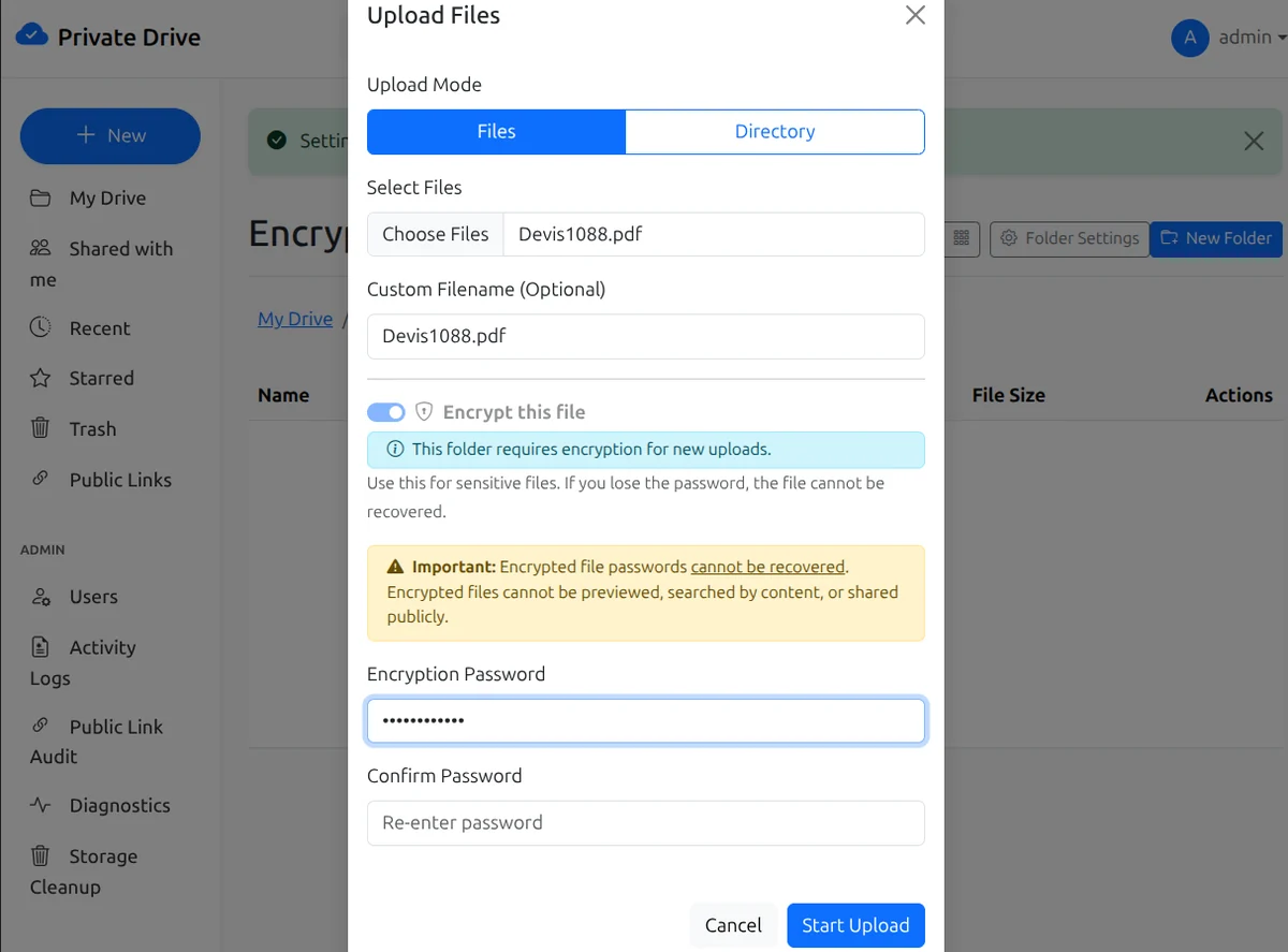 Flujo de subida cifrada de OpenPrivateDrive con protección por contraseña, cifrado AES-256-GCM y derivación de clave scrypt.
