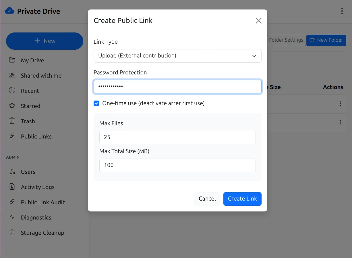 Modal de enlace de solicitud de subida pública de OpenPrivateDrive con contraseña opcional, uso único, máximo de archivos y tamaño total máximo
